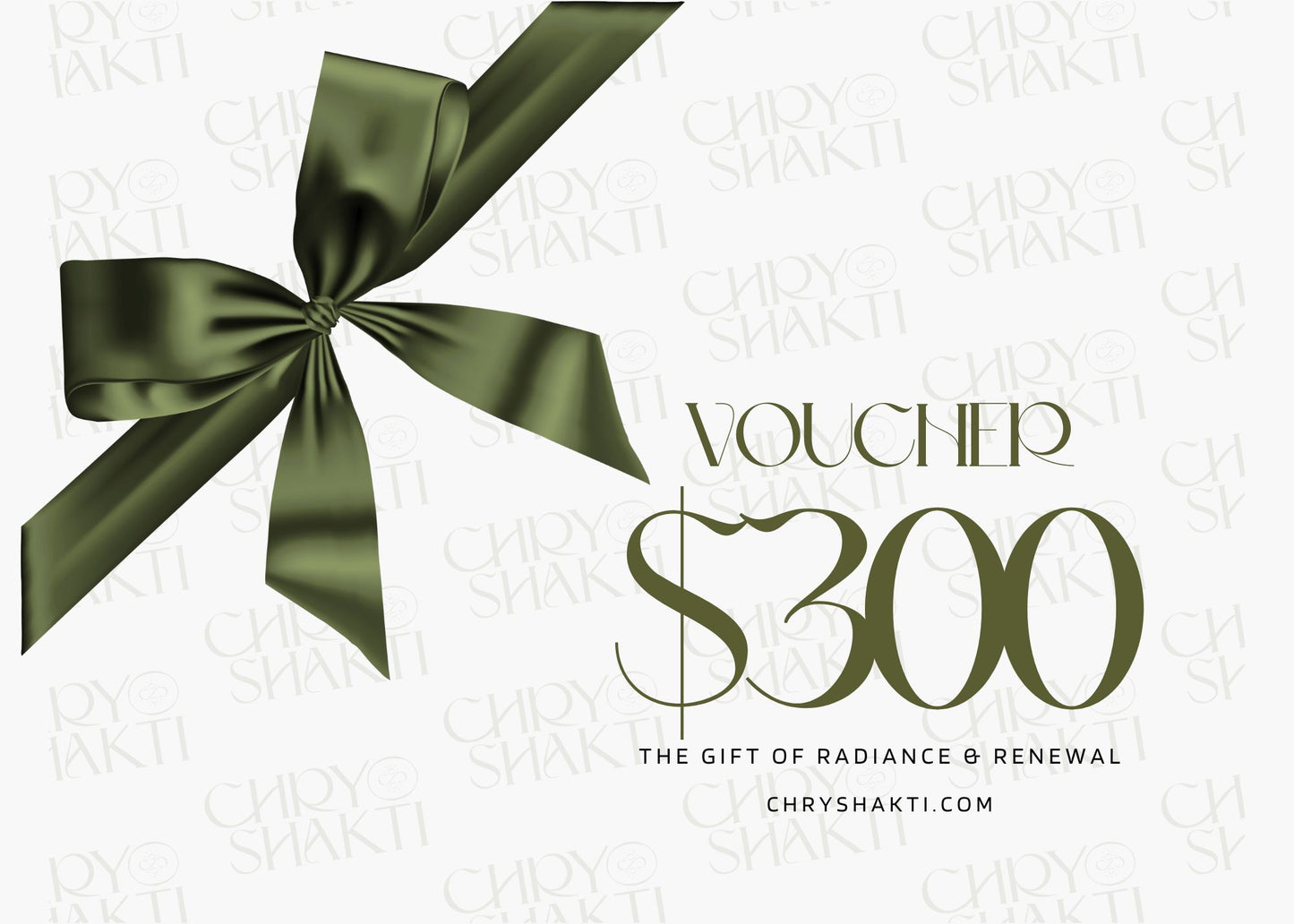 Chryshakti $300 luxury gift card in sleek design, offering the ultimate in self-care, skincare, and holistic wellness experiences.
