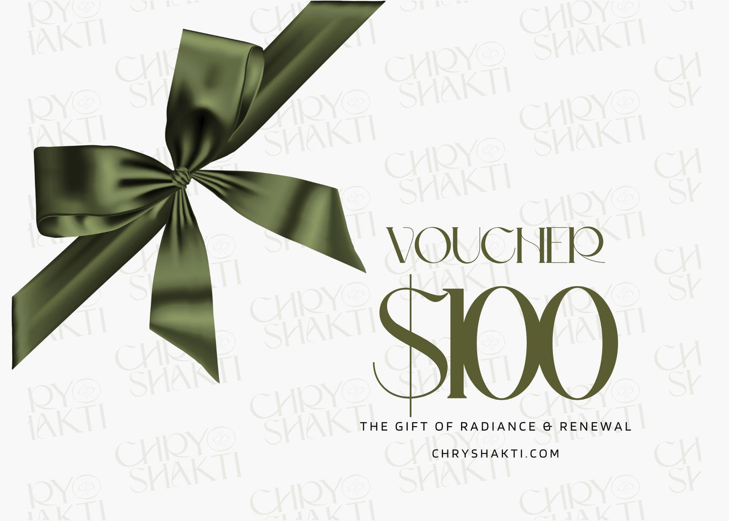 Chryshakti $100 digital gift card with elegant minimalist design, perfect for ayurvedic spa and holistic wellness services.