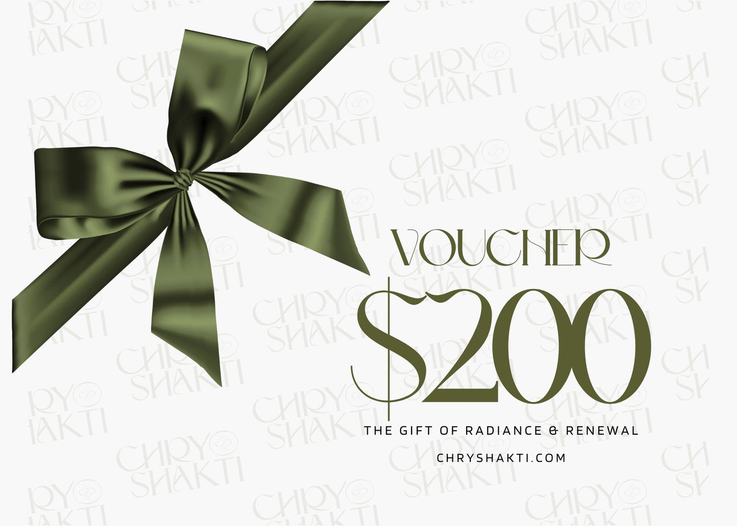 Chryshakti $200 gift card featuring a clean, modern design symbolizing balance, ideal for facials, ayurvedic spa and holistic treatments.