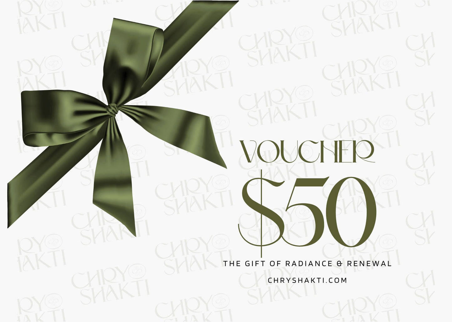 Chryshakti $50 digital gift card with elegant minimalist design, perfect for spa and holistic wellness services.