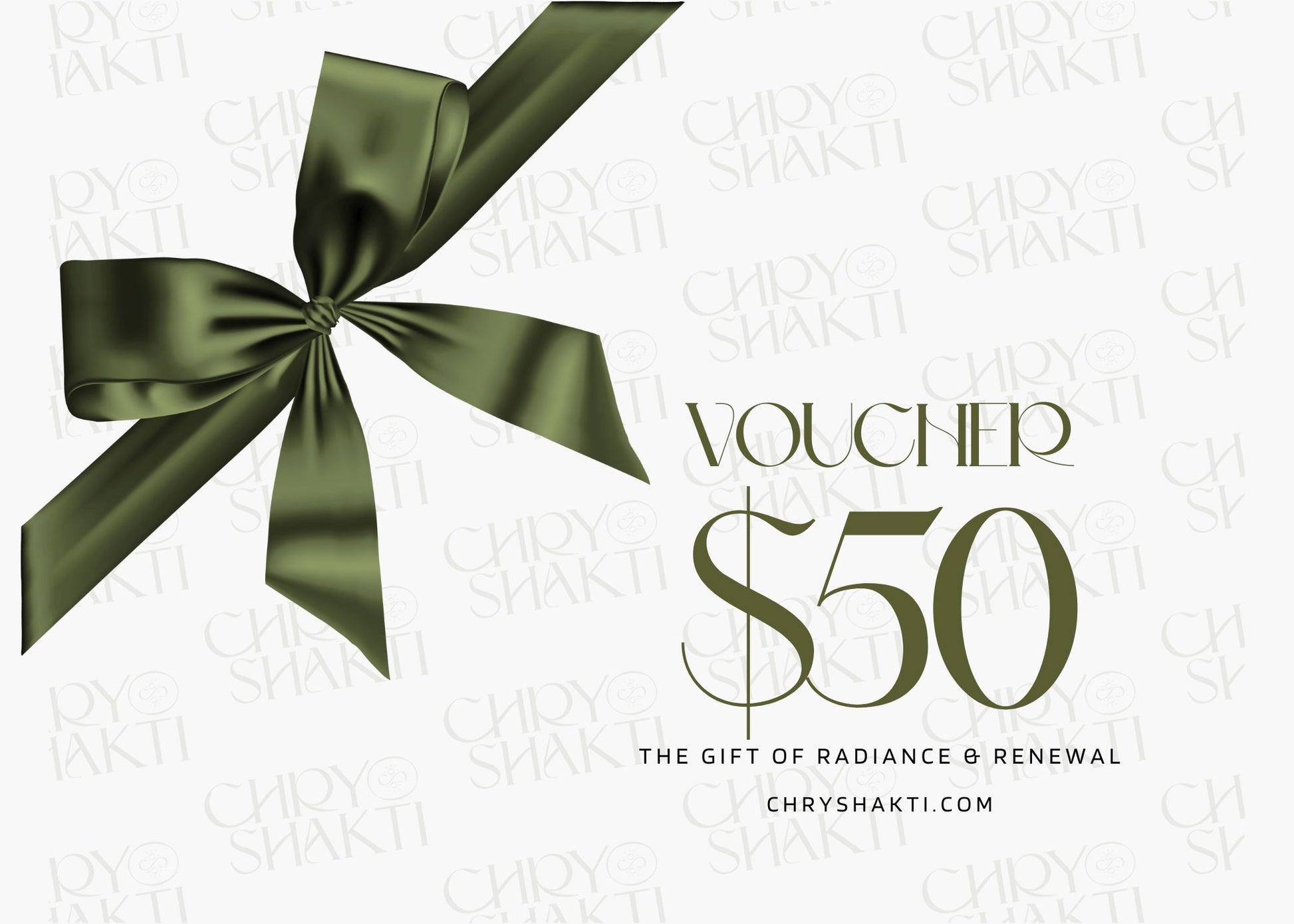 Chryshakti $50 digital gift card with elegant minimalist design, perfect for spa and holistic wellness services.